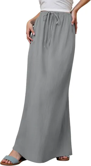 Linen Maxi Skirts for Women Cute Vacation Long Flowy Skirt Trendy Summer Comfy Drawstring Waist A Line Skirts