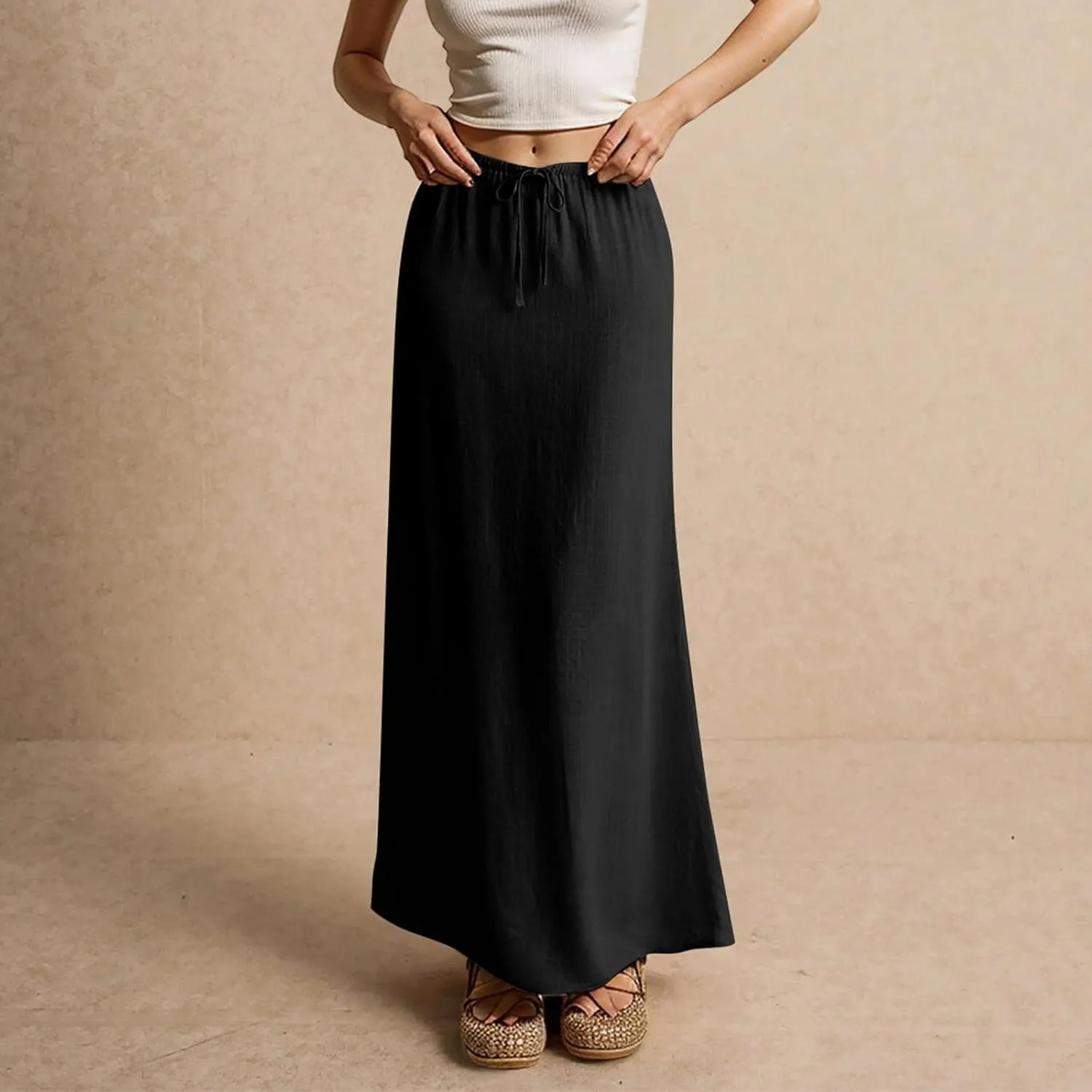 Linen Maxi Skirts for Women Summer Beach Comfy Drawstring Waist A Line Skirts Vacation Boho Long Flowy Skirt