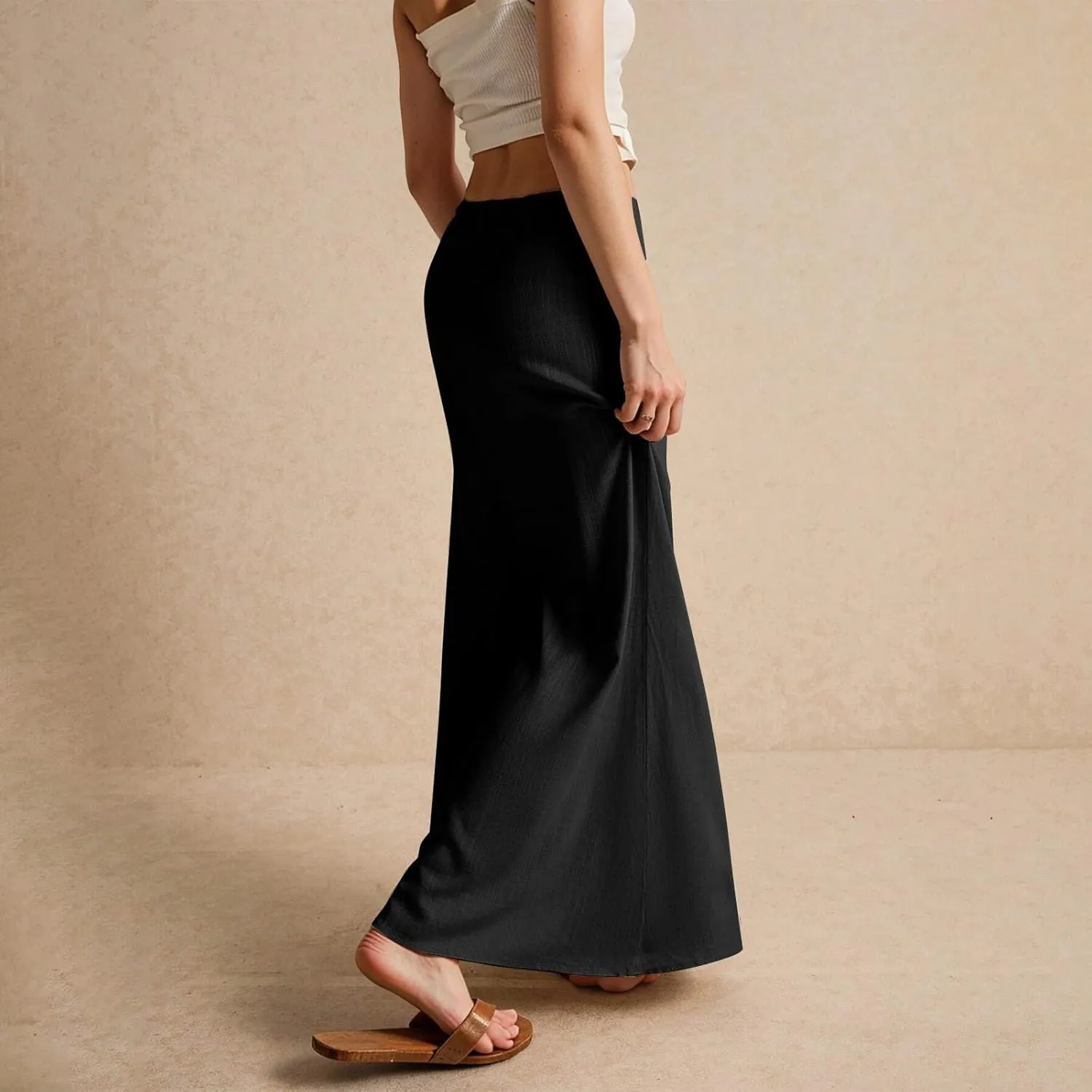 Linen Maxi Skirts for Women Summer Beach Comfy Drawstring Waist A Line Skirts Vacation Boho Long Flowy Skirt