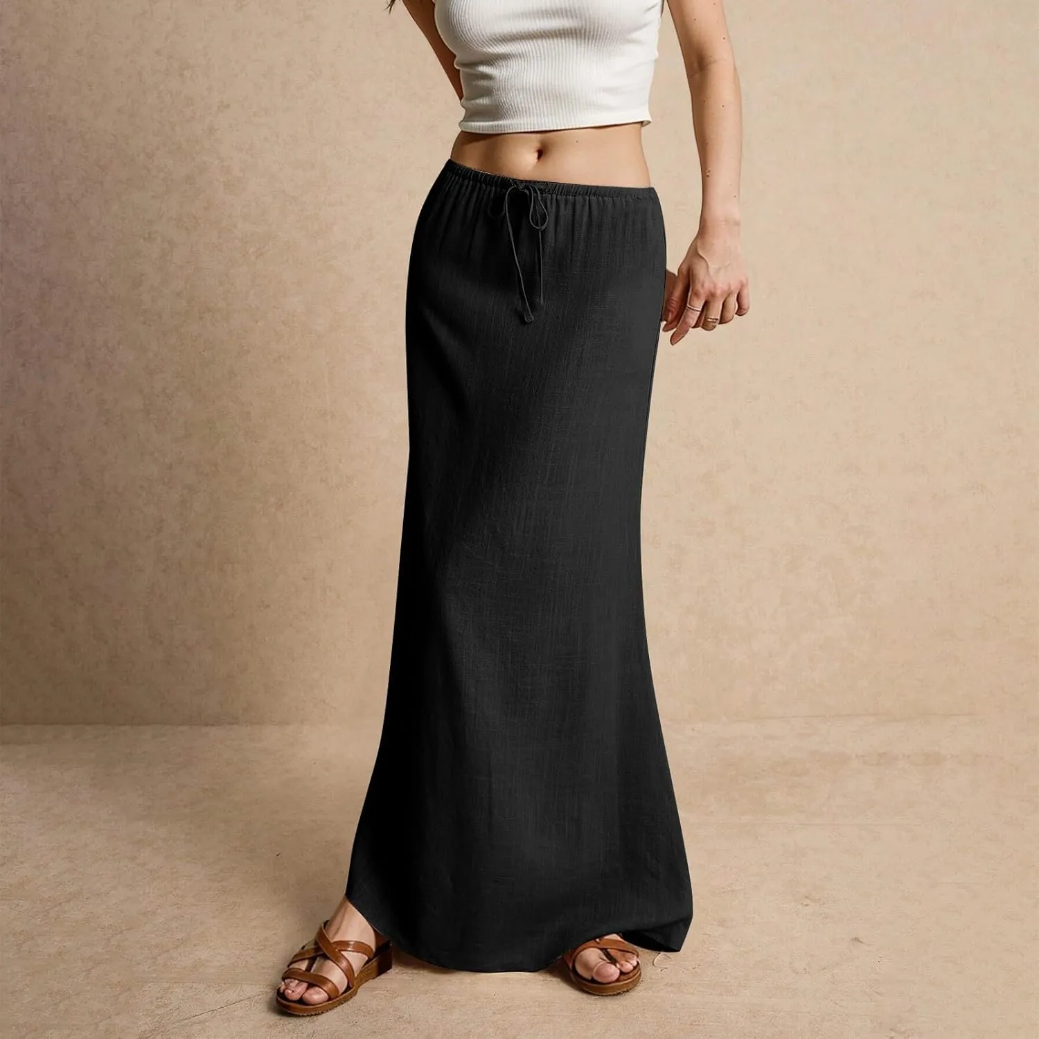 Linen Maxi Skirts for Women Summer Beach Comfy Drawstring Waist A Line Skirts Vacation Boho Long Flowy Skirt