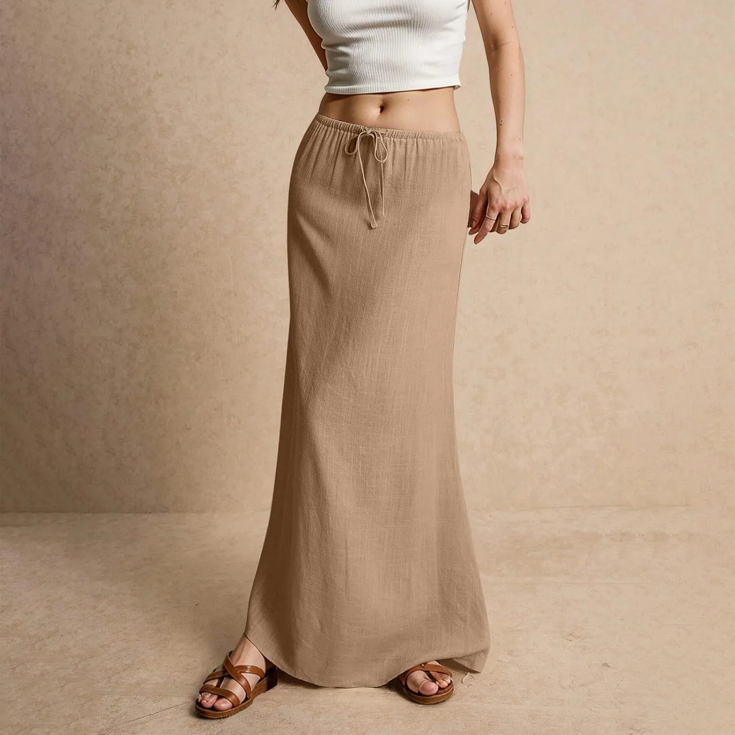 Linen Maxi Skirts for Women Trendy Summer Comfy Drawstring A Line Skirts Casual Beach Vacation Flowy Long Skirts