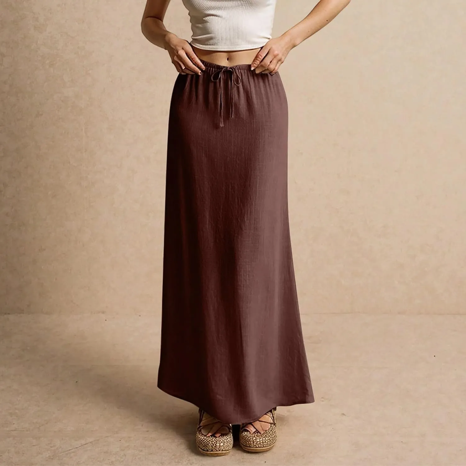 Linen Maxi Skirts for Women Trendy Summer Comfy Drawstring A Line Skirts Casual Beach Vacation Flowy Long Skirts