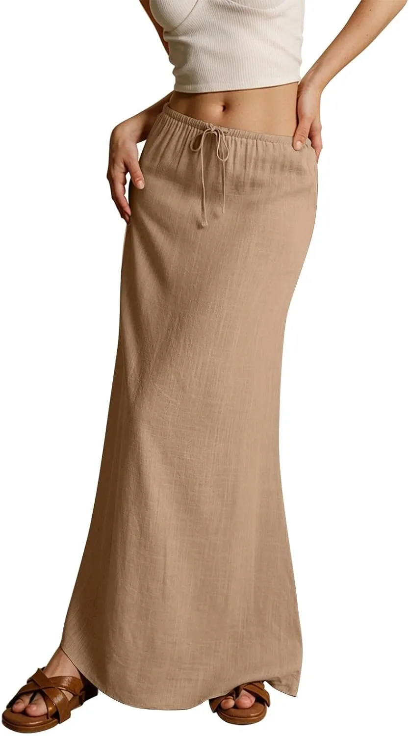 Linen Maxi Skirts for Women Trendy Summer Comfy Drawstring A Line Skirts Casual Beach Vacation Flowy Long Skirts
