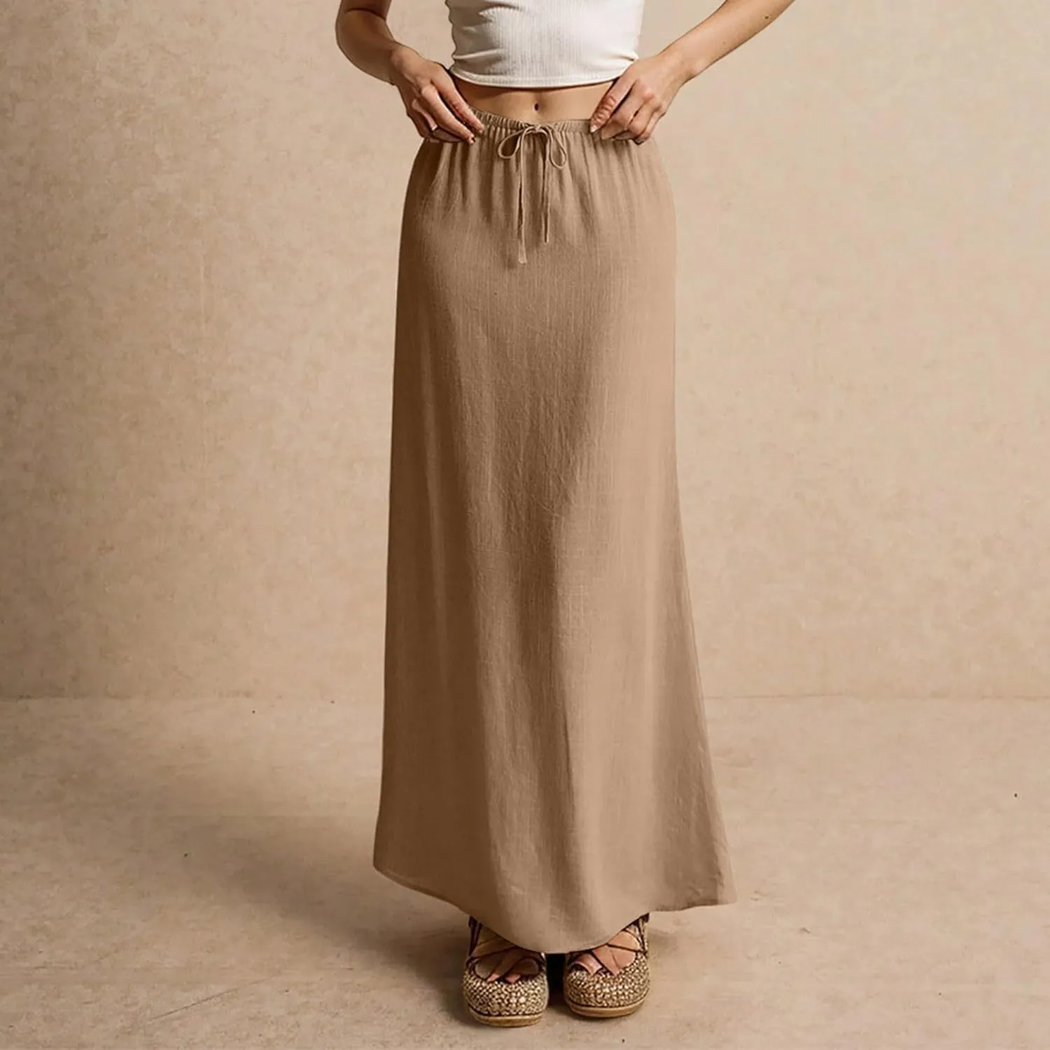 Linen Maxi Skirts for Women Trendy Summer Comfy Drawstring A Line Skirts Casual Beach Vacation Flowy Long Skirts