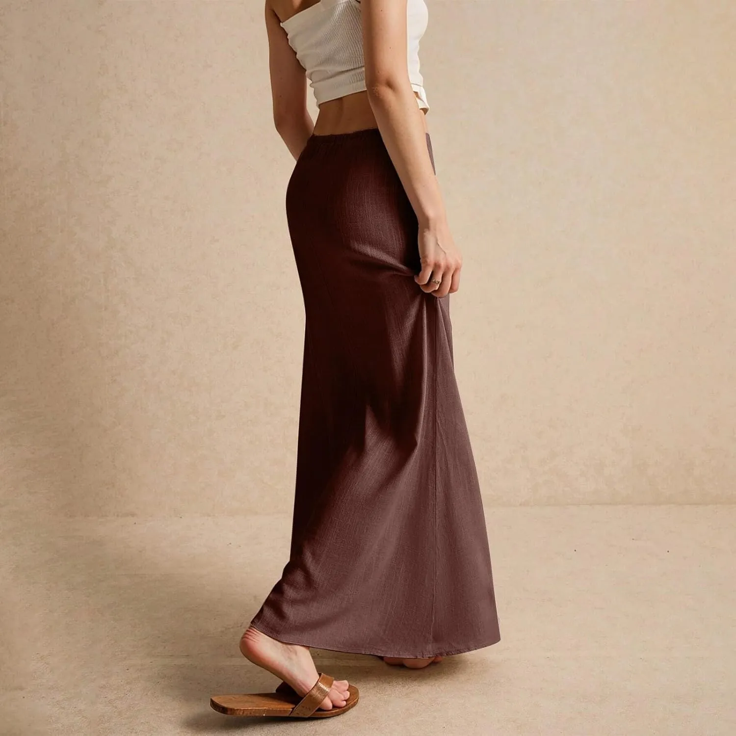 Linen Maxi Skirts for Women Trendy Summer Comfy Drawstring A Line Skirts Casual Beach Vacation Flowy Long Skirts