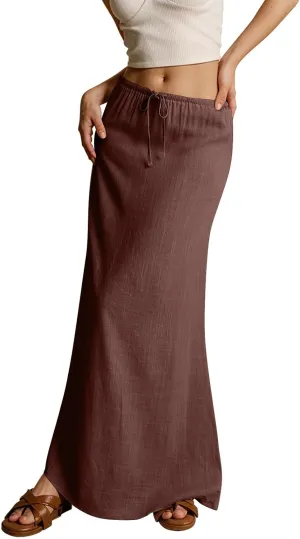 Linen Maxi Skirts for Women Trendy Summer Comfy Drawstring A Line Skirts Casual Beach Vacation Flowy Long Skirts