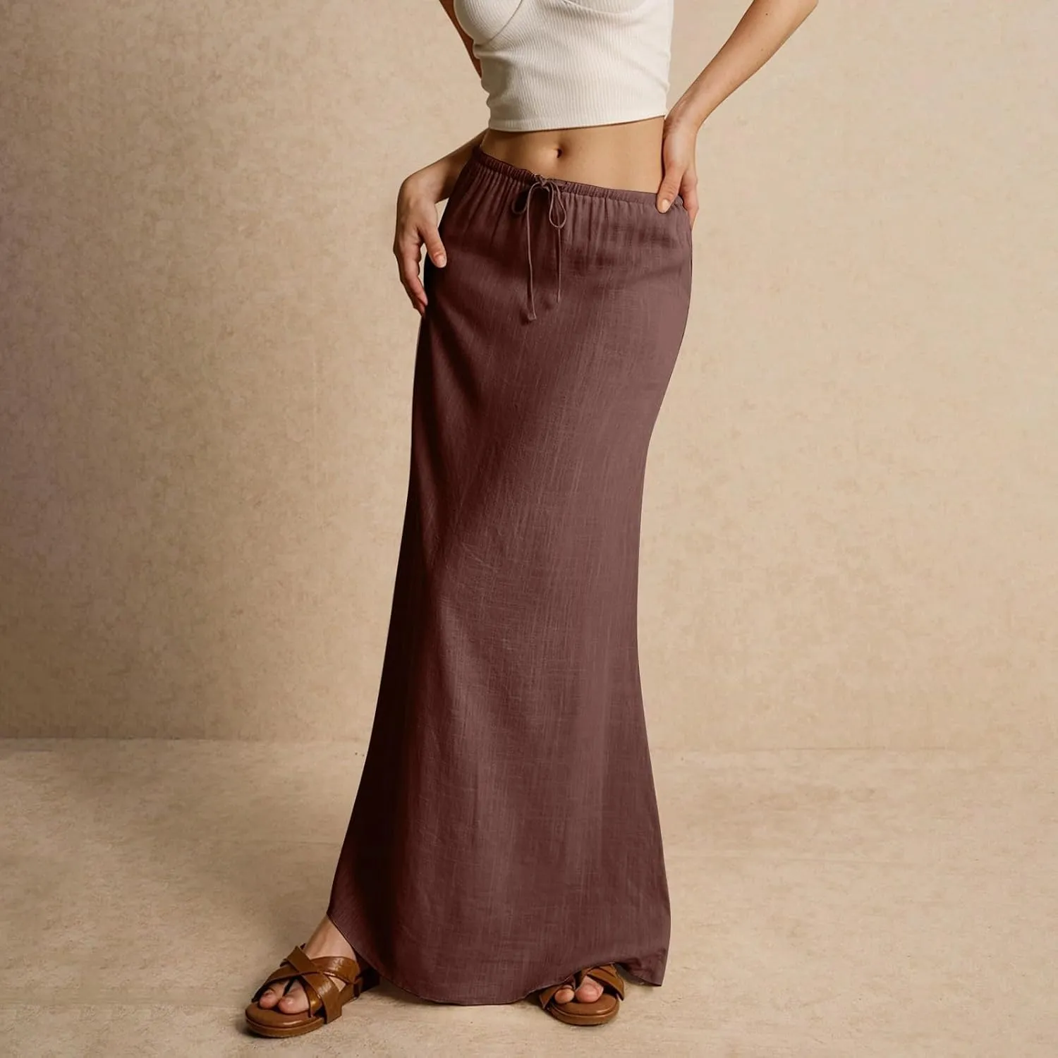 Linen Maxi Skirts for Women Trendy Summer Comfy Drawstring A Line Skirts Casual Beach Vacation Flowy Long Skirts