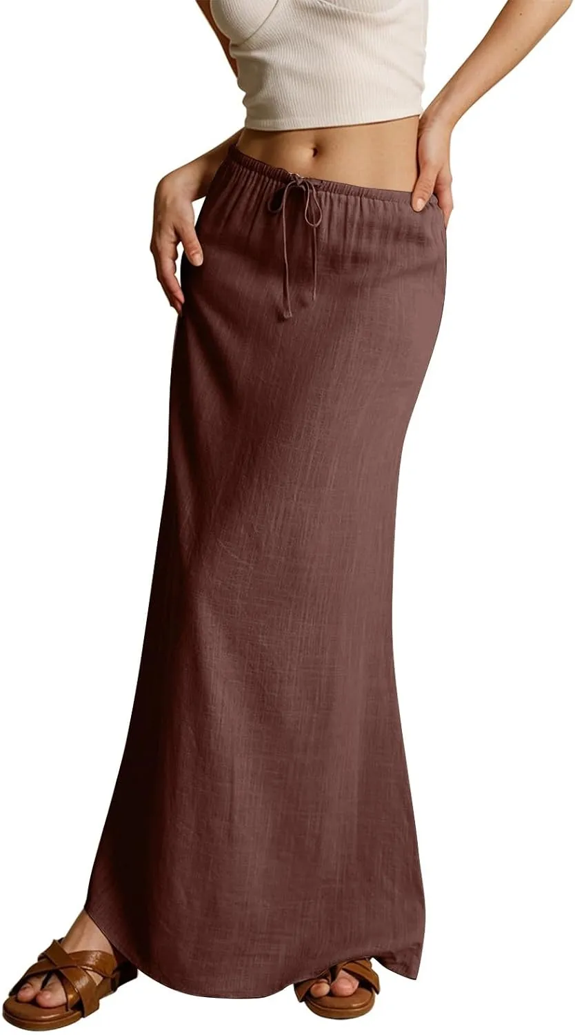 Linen Maxi Skirts for Women Trendy Summer Comfy Drawstring A Line Skirts Casual Beach Vacation Flowy Long Skirts