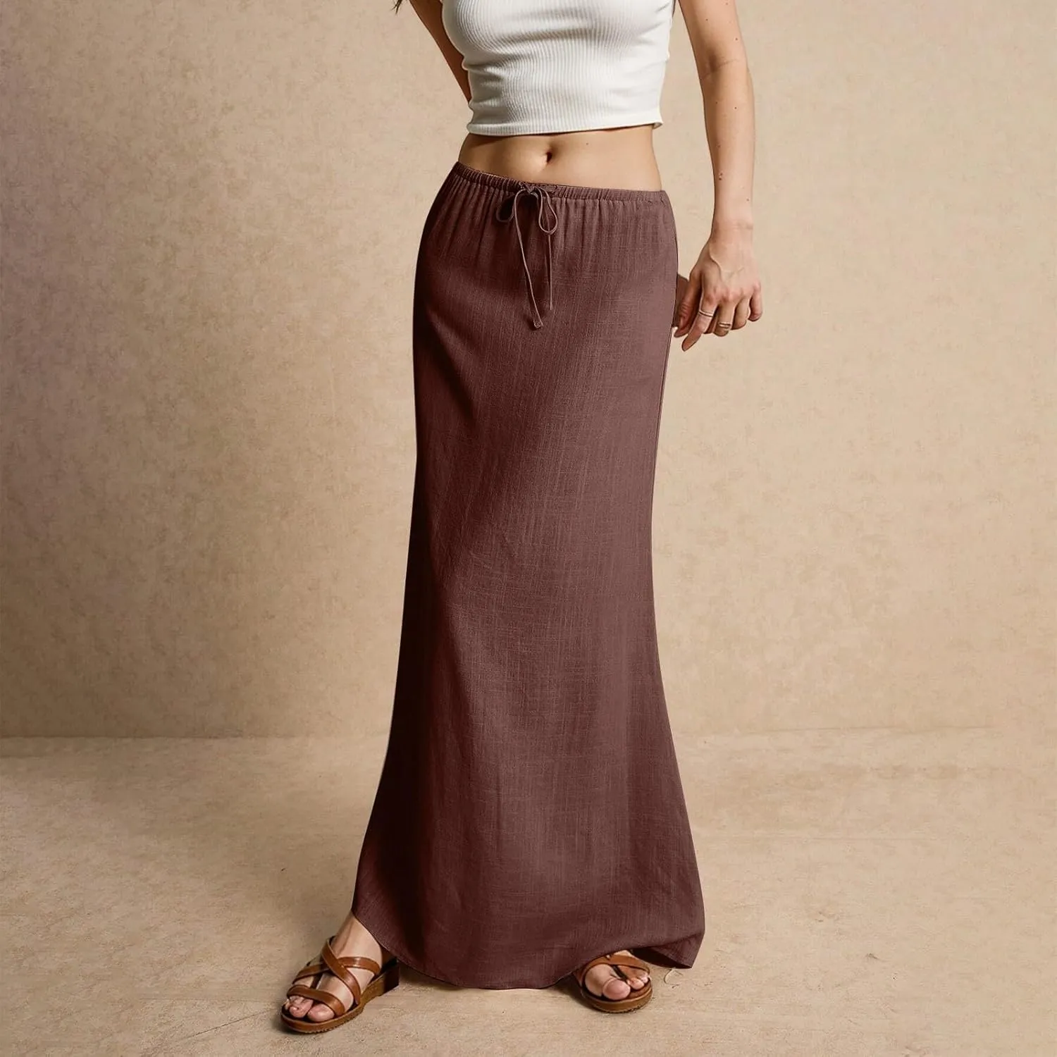 Linen Maxi Skirts for Women Trendy Summer Comfy Drawstring A Line Skirts Casual Beach Vacation Flowy Long Skirts