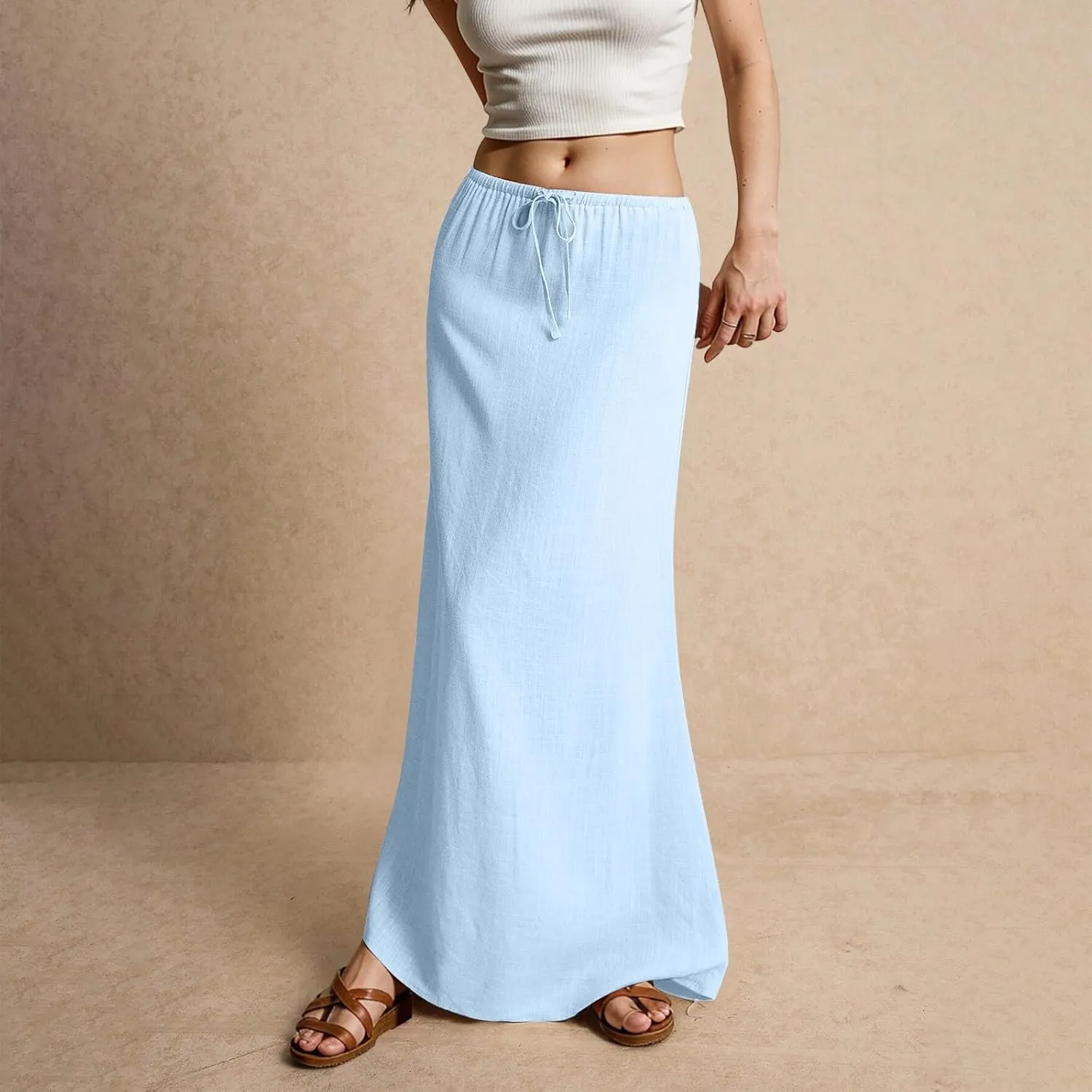 Linen Maxi Skirts for Women Trendy Summer Comfy Drawstring Waist A Line Skirts Cute Vacation Long Flowy Skirts