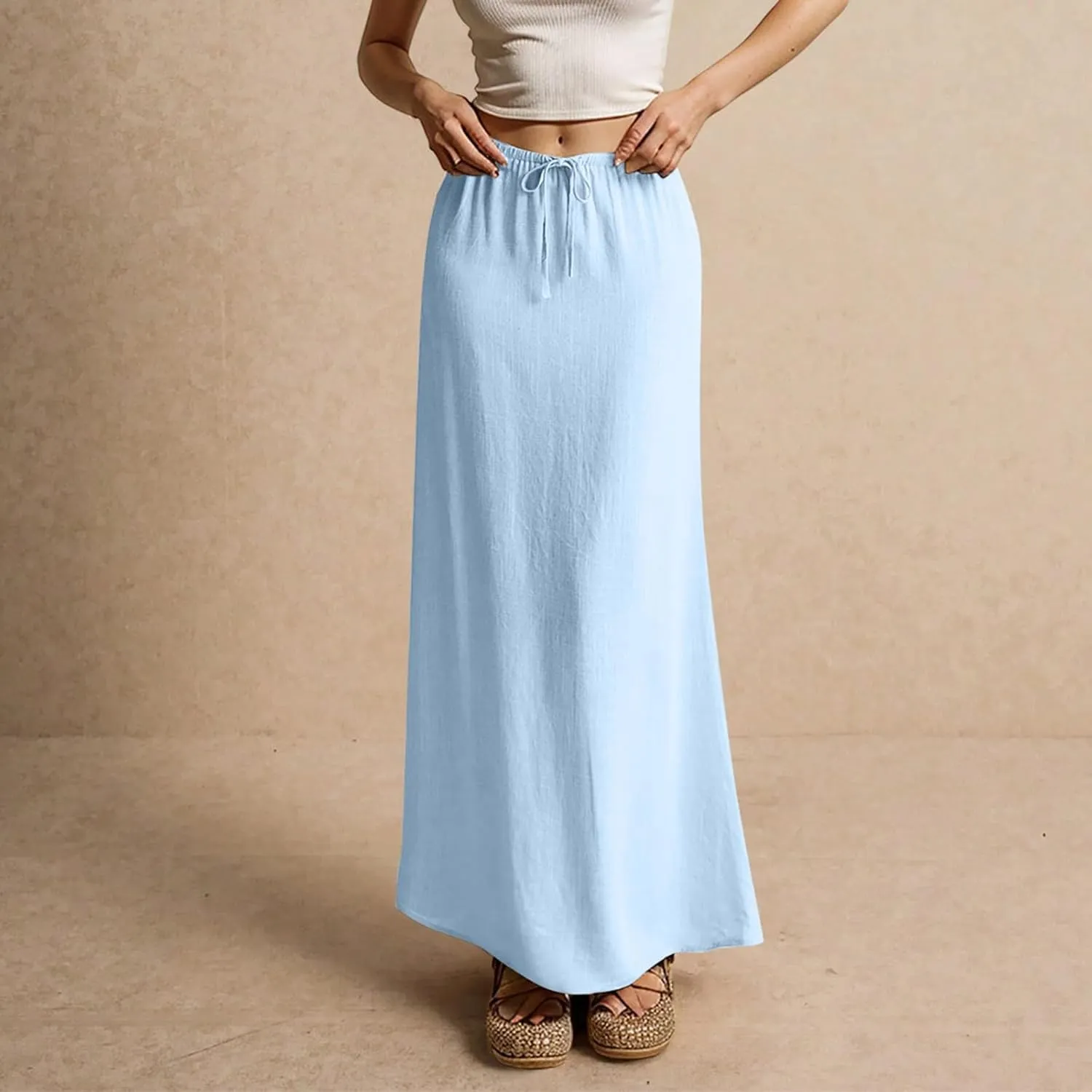 Linen Maxi Skirts for Women Trendy Summer Comfy Drawstring Waist A Line Skirts Cute Vacation Long Flowy Skirts