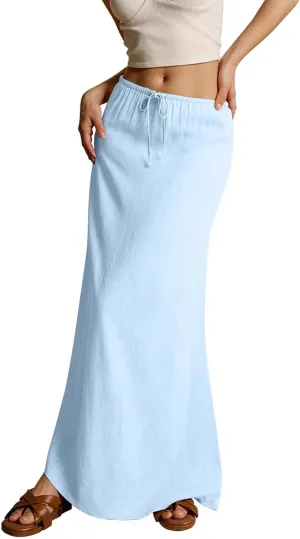 Linen Maxi Skirts for Women Trendy Summer Comfy Drawstring Waist A Line Skirts Cute Vacation Long Flowy Skirts