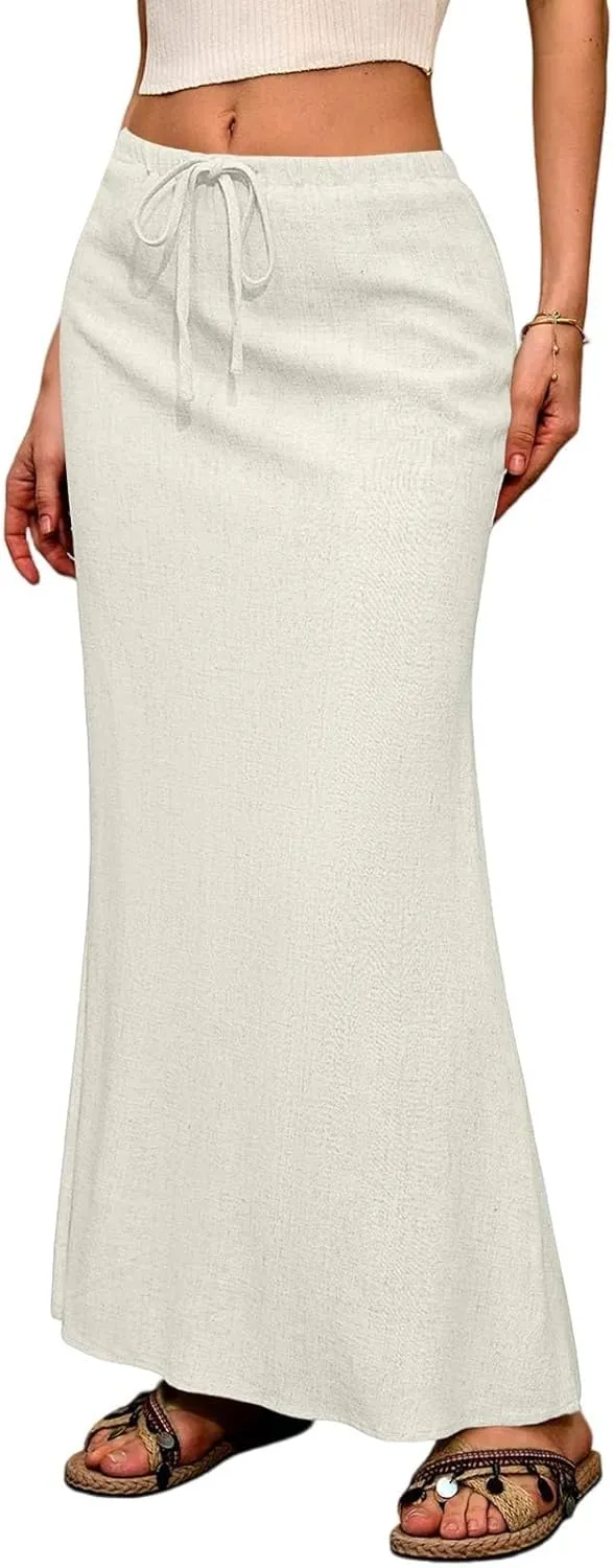 Linen Maxi Skirts for Women Trendy Summer Comfy Drawstring Waist Ankle-Length Skirts Flared Skirt with Back Slit