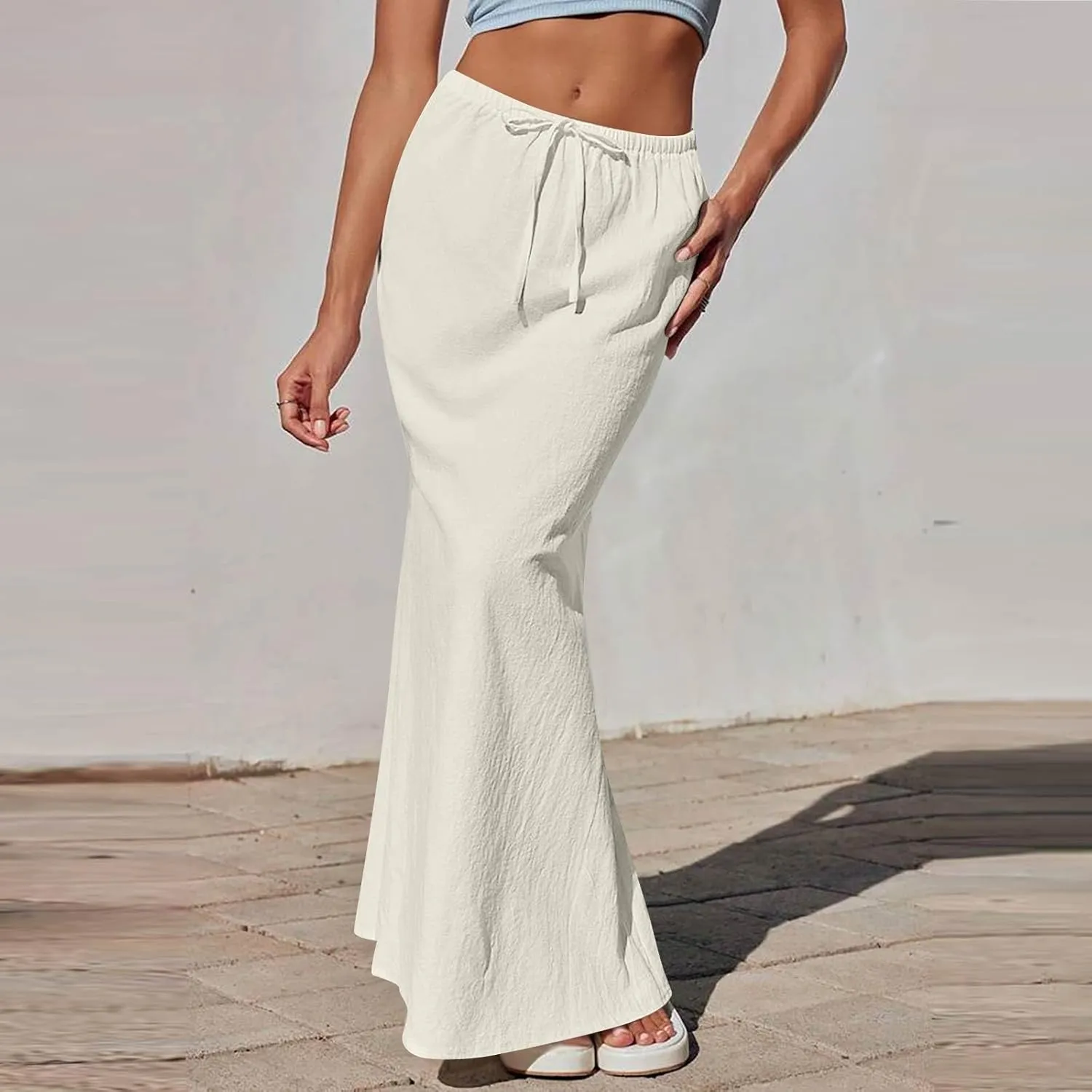 Linen Maxi Skirts for Women Trendy Summer Comfy Drawstring Waist Ankle-Length Skirts Flared Skirt with Back Slit