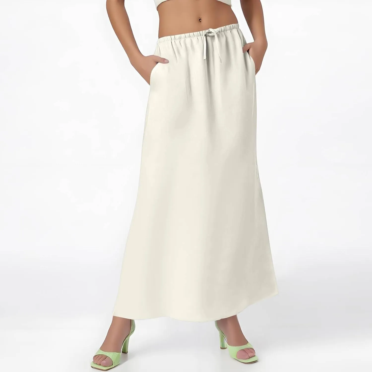 Linen Maxi Skirts for Women Trendy Summer Comfy Drawstring Waist Ankle-Length Skirts Flared Skirt with Back Slit