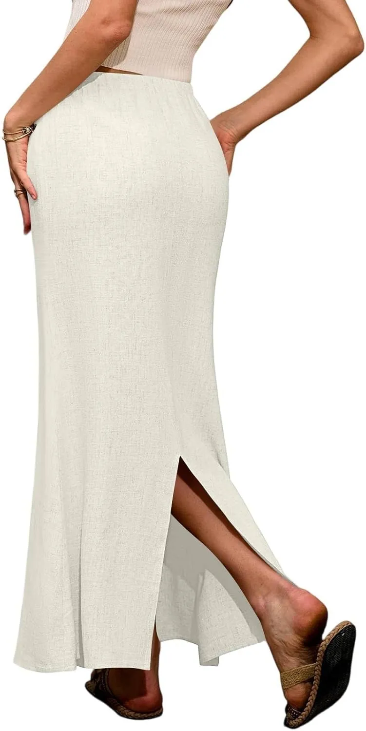 Linen Maxi Skirts for Women Trendy Summer Comfy Drawstring Waist Ankle-Length Skirts Flared Skirt with Back Slit