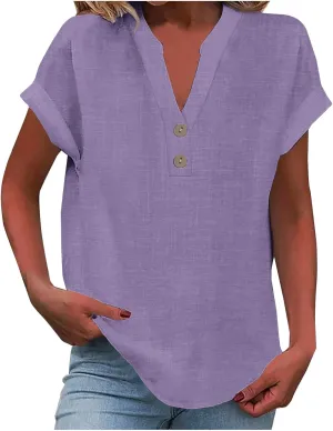 Linen Shirts for Women Loose Fit Vacation Short Sleeve Boho Tops Casual Button Up V Neck T Shirts Solid Summer Blouse