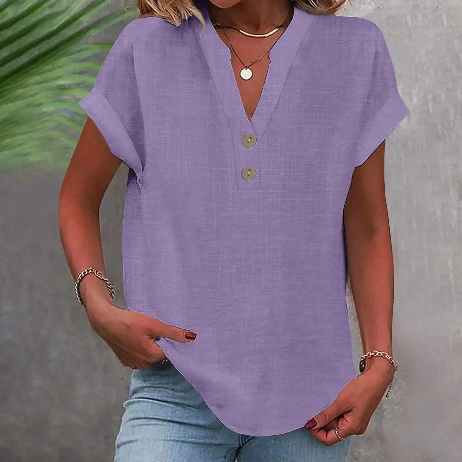 Linen Shirts for Women Loose Fit Vacation Short Sleeve Boho Tops Casual Button Up V Neck T Shirts Solid Summer Blouse