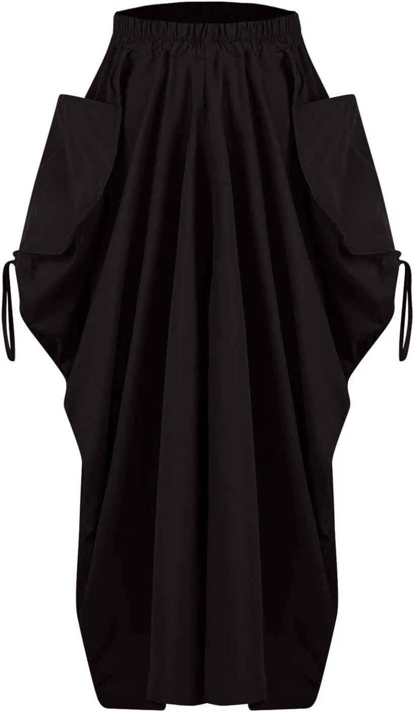 Long Cargo Skirts for Women Y2K Streetwear Elastic Wasit Hippie Party Skirt Bohemian Casual Maxi Skirt with Pockets