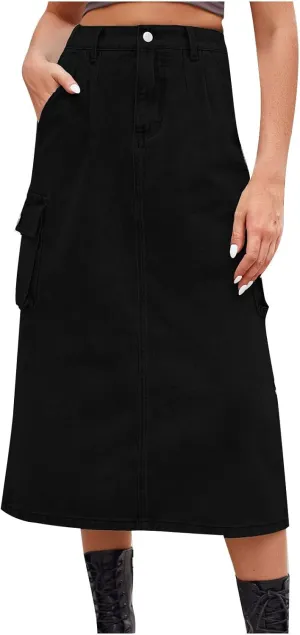 Long Jean Skirt for Women Cowgirl Y2K Cargo Skirt High Waisted Pencil Skirt Casual A-Line Midi Skirt with Pockets