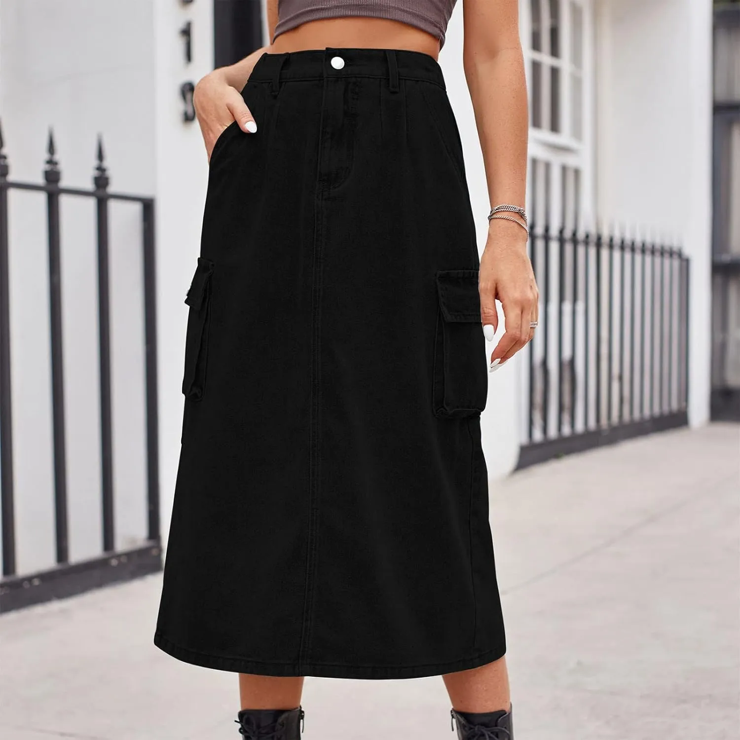 Long Jean Skirt for Women Cowgirl Y2K Cargo Skirt High Waisted Pencil Skirt Casual A-Line Midi Skirt with Pockets