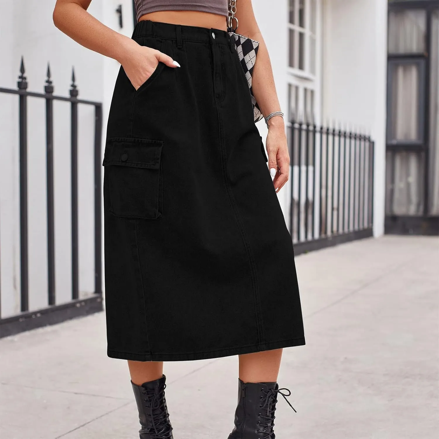 Long Jean Skirt for Women Cowgirl Y2K Cargo Skirt High Waisted Pencil Skirt Casual A-Line Midi Skirt with Pockets