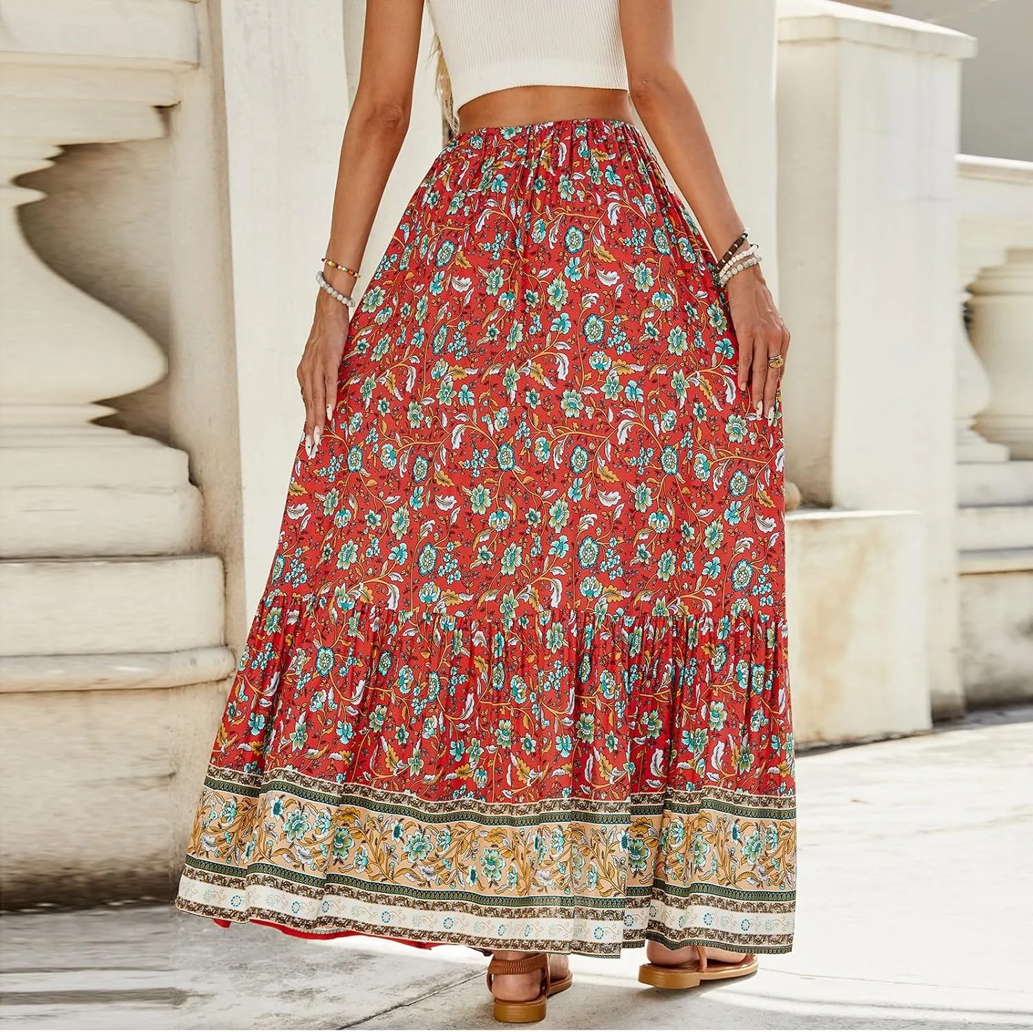 Long Skirt,Elastic Waist Flowy Maxi Skirts for Women 2025 Trendy Plus Size Boho Skirt Spring Summer Beach Vacation