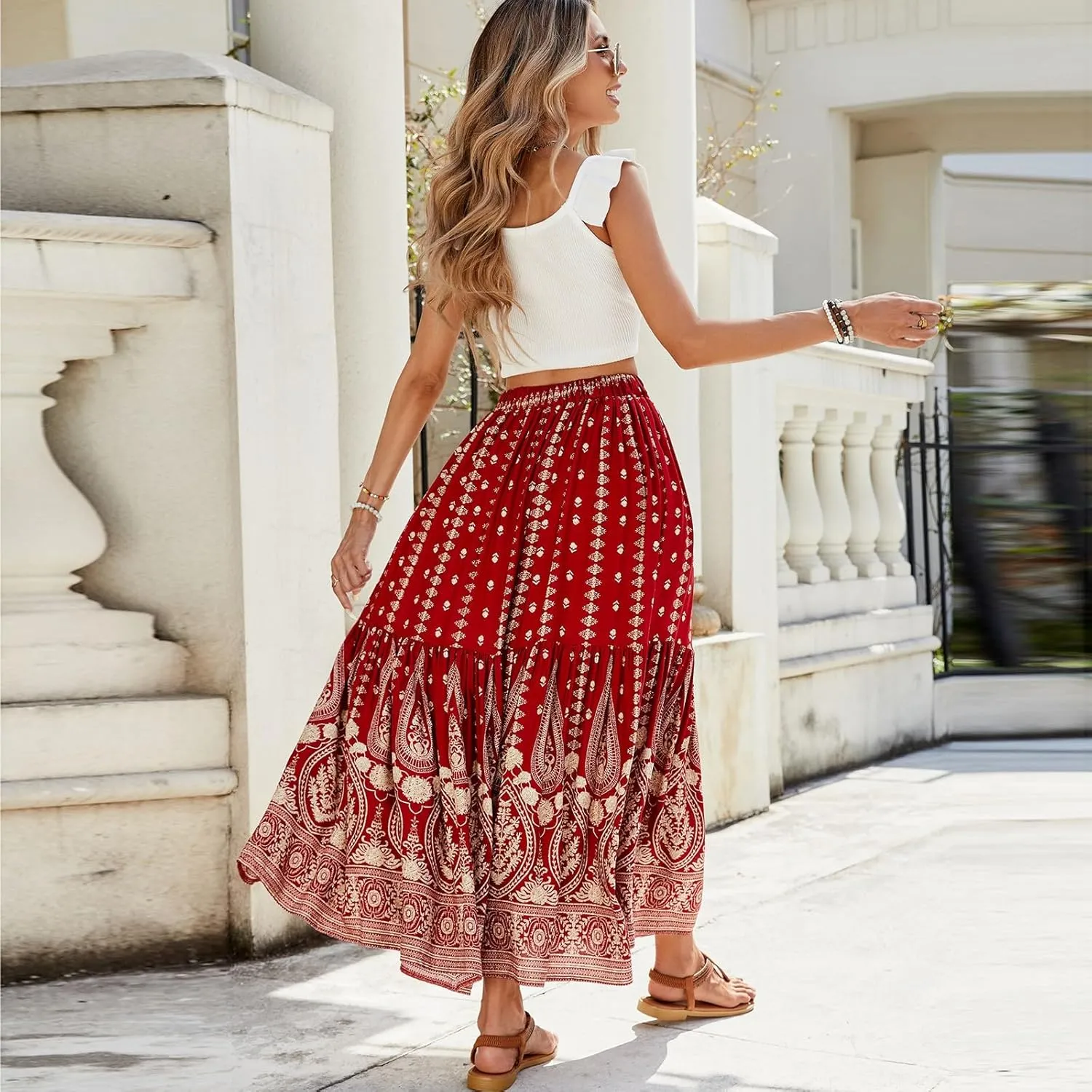 Long Skirt,Elastic Waist Flowy Maxi Skirts for Women 2025 Trendy Plus Size Boho Skirt Spring Summer Beach Vacation