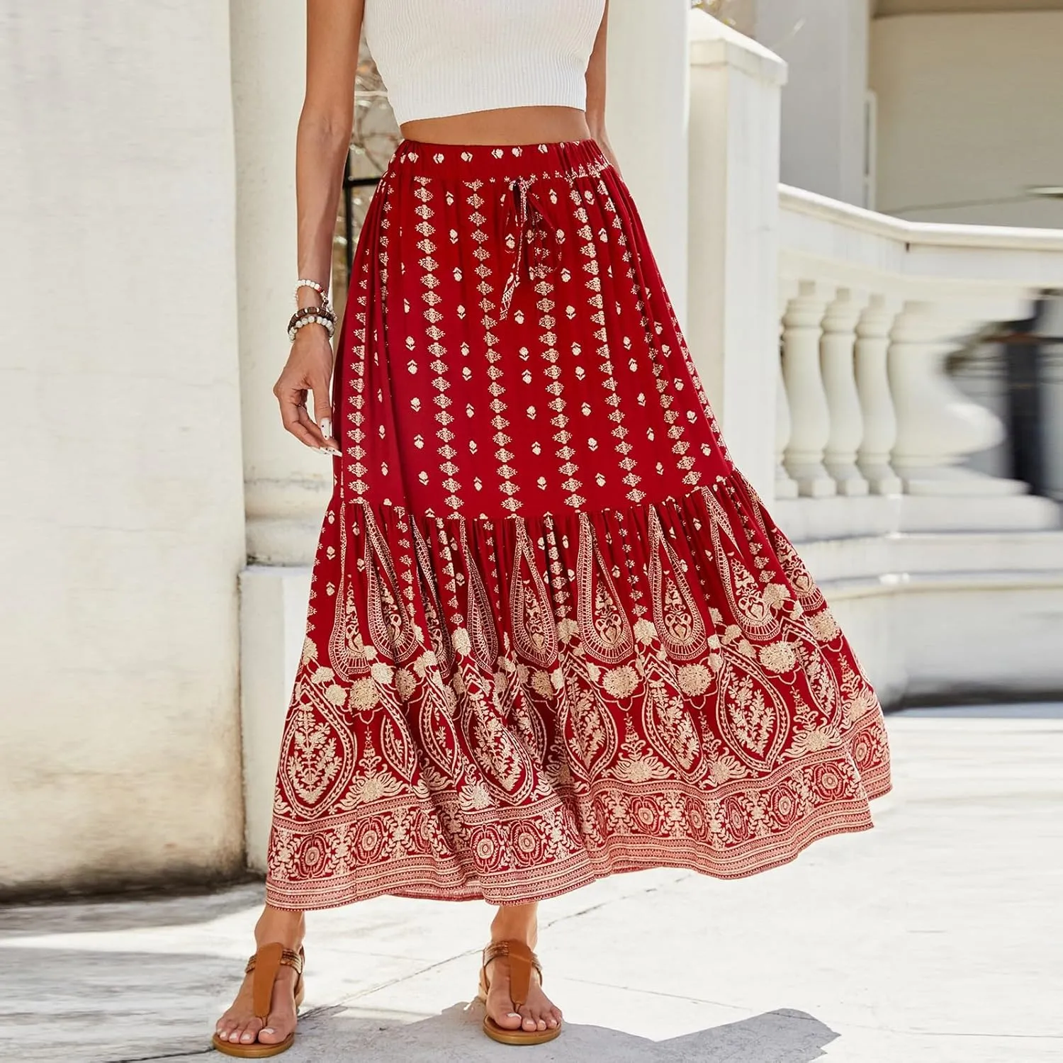 Long Skirt,Elastic Waist Flowy Maxi Skirts for Women 2025 Trendy Plus Size Boho Skirt Spring Summer Beach Vacation