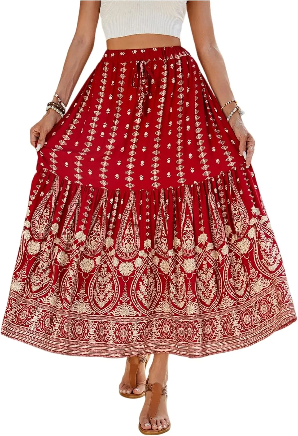 Long Skirt,Elastic Waist Flowy Maxi Skirts for Women 2025 Trendy Plus Size Boho Skirt Spring Summer Beach Vacation