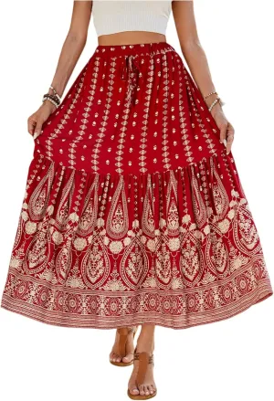 Long Skirt,Elastic Waist Flowy Maxi Skirts for Women 2025 Trendy Plus Size Boho Skirt Spring Summer Beach Vacation