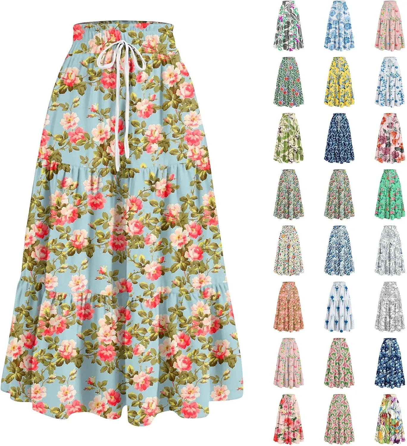 Long Skirts for Women 2025 Summer Floral Print Pleated Dress High Waist A Line Maxi Skirts Beach Flowy Boho Dresses