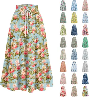 Long Skirts for Women 2025 Summer Floral Print Pleated Dress High Waist A Line Maxi Skirts Beach Flowy Boho Dresses