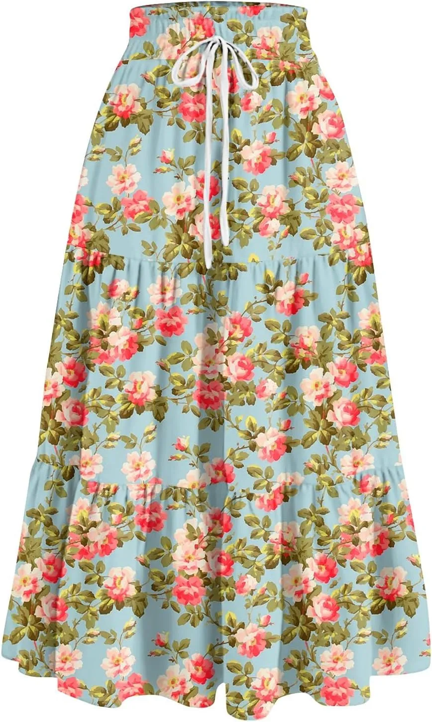 Long Skirts for Women 2025 Summer Floral Print Pleated Dress High Waist A Line Maxi Skirts Beach Flowy Boho Dresses