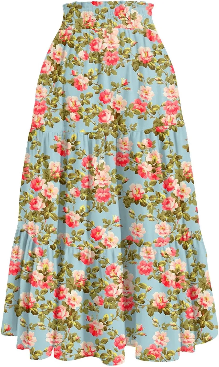 Long Skirts for Women 2025 Summer Floral Print Pleated Dress High Waist A Line Maxi Skirts Beach Flowy Boho Dresses
