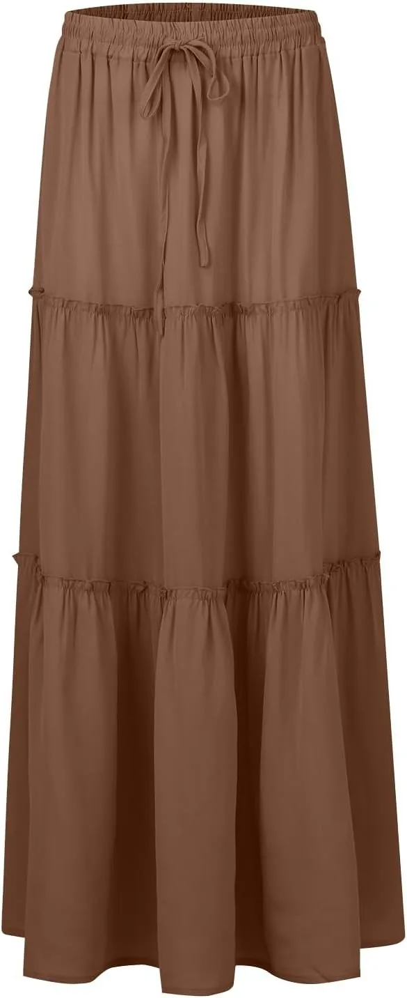 Long Skirts for Women Elegant Summer Boho Skirt Flowy Tiered Ruffle A Line Skirt Smocked Elastic Tie Waist Skirts