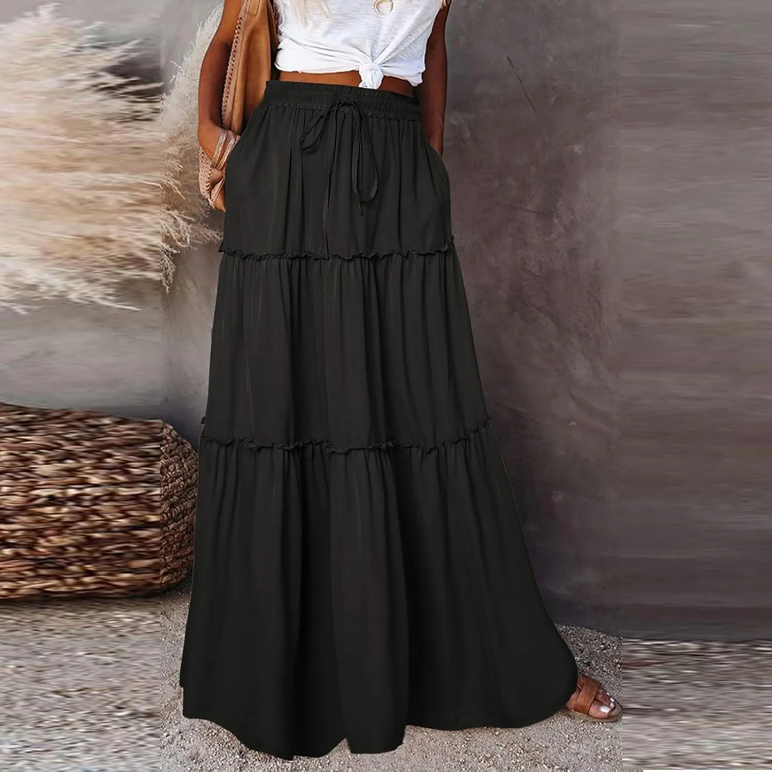 Long Skirts for Women Elegant Summer Boho Skirt Flowy Tiered Ruffle A Line Skirt Smocked Elastic Tie Waist Skirts