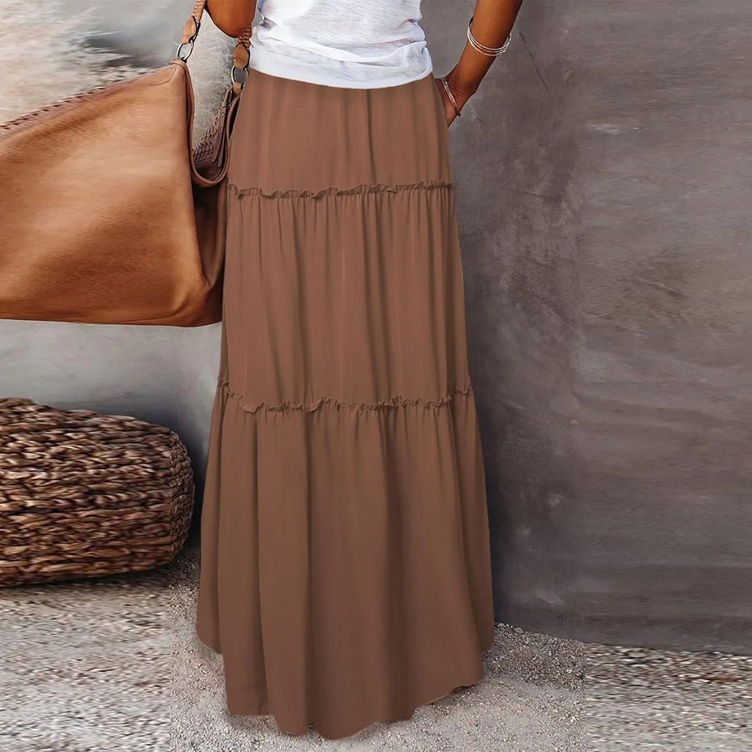 Long Skirts for Women Elegant Summer Boho Skirt Flowy Tiered Ruffle A Line Skirt Smocked Elastic Tie Waist Skirts