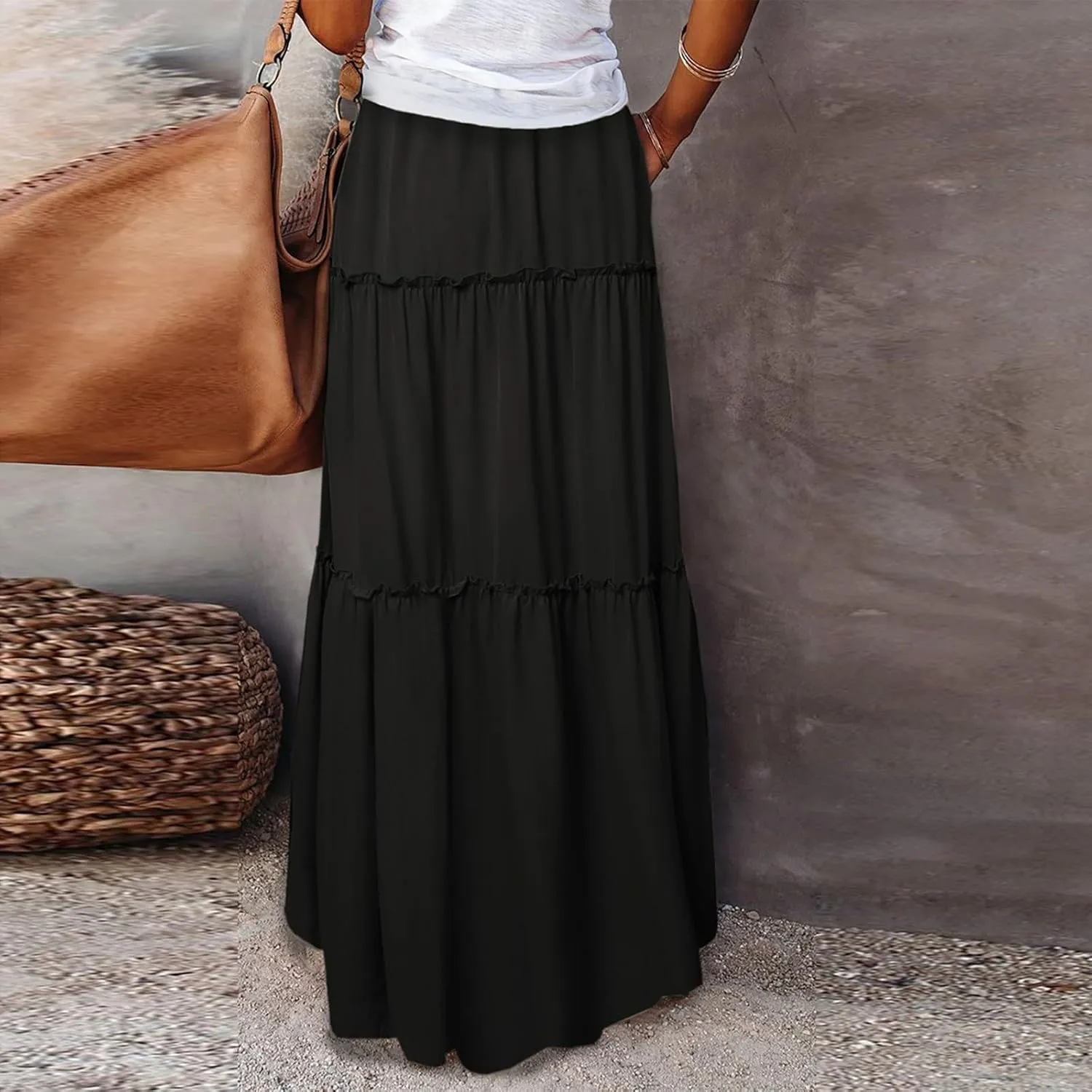 Long Skirts for Women Elegant Summer Boho Skirt Flowy Tiered Ruffle A Line Skirt Smocked Elastic Tie Waist Skirts