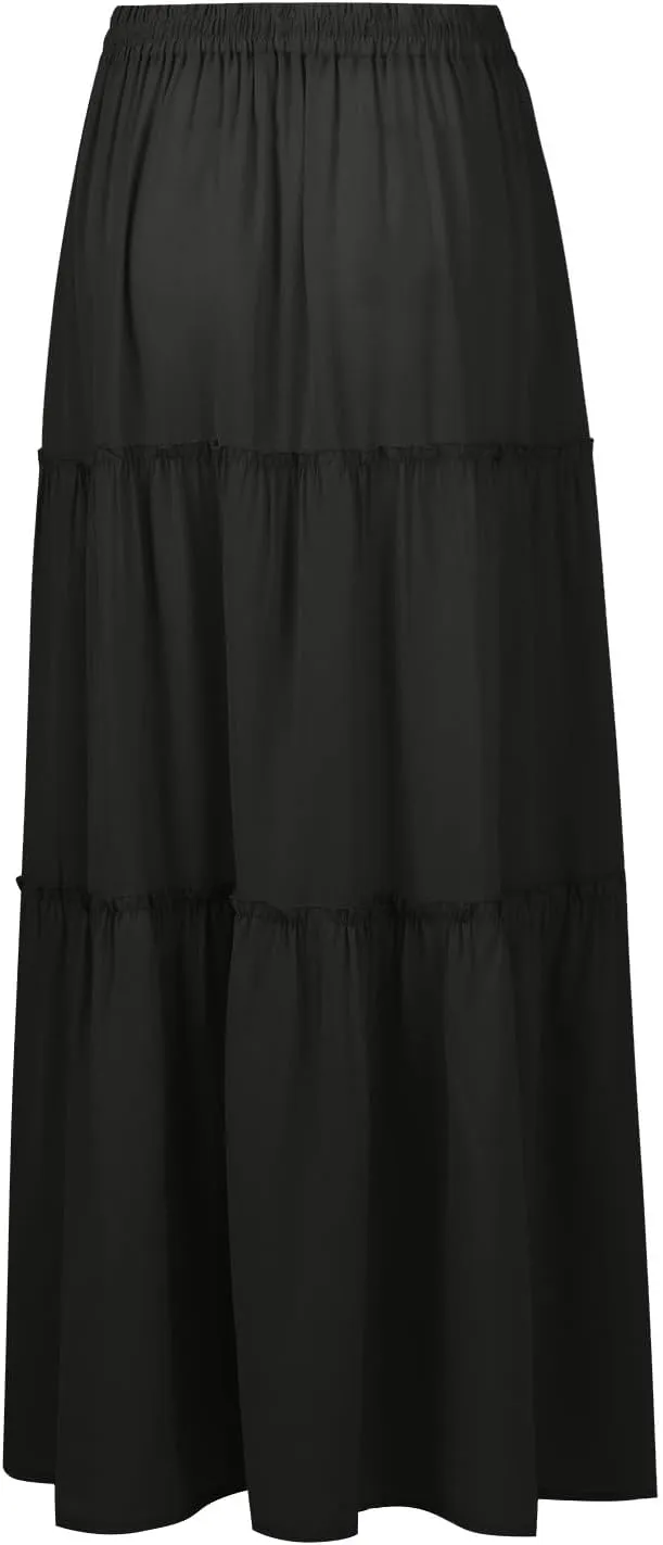 Long Skirts for Women Elegant Summer Boho Skirt Flowy Tiered Ruffle A Line Skirt Smocked Elastic Tie Waist Skirts