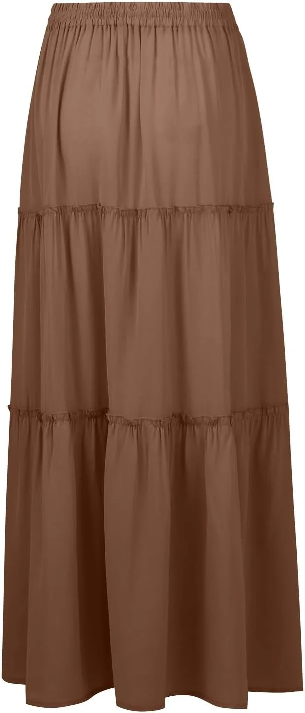 Long Skirts for Women Elegant Summer Boho Skirt Flowy Tiered Ruffle A Line Skirt Smocked Elastic Tie Waist Skirts