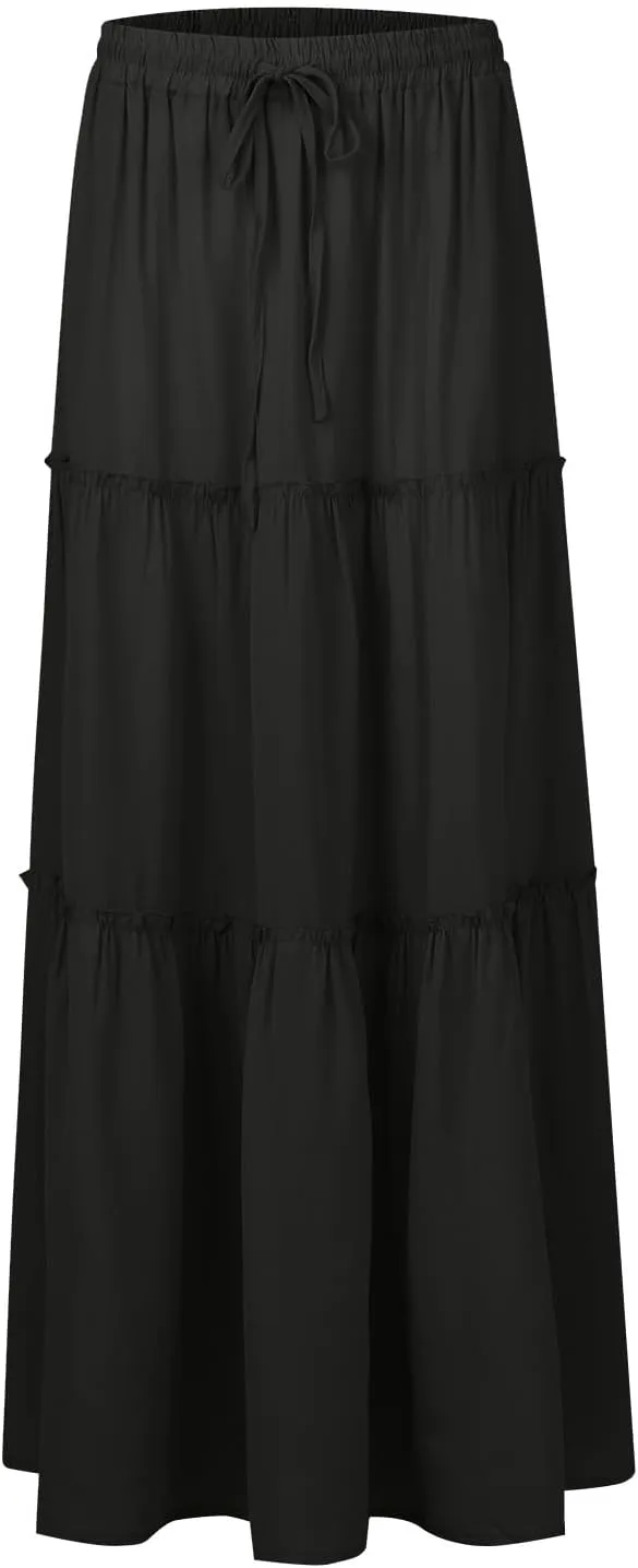 Long Skirts for Women Elegant Summer Boho Skirt Flowy Tiered Ruffle A Line Skirt Smocked Elastic Tie Waist Skirts