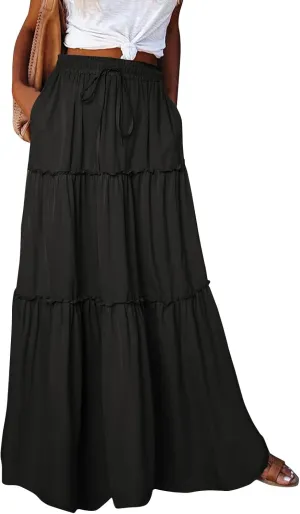 Long Skirts for Women Elegant Summer Boho Skirt Flowy Tiered Ruffle A Line Skirt Smocked Elastic Tie Waist Skirts