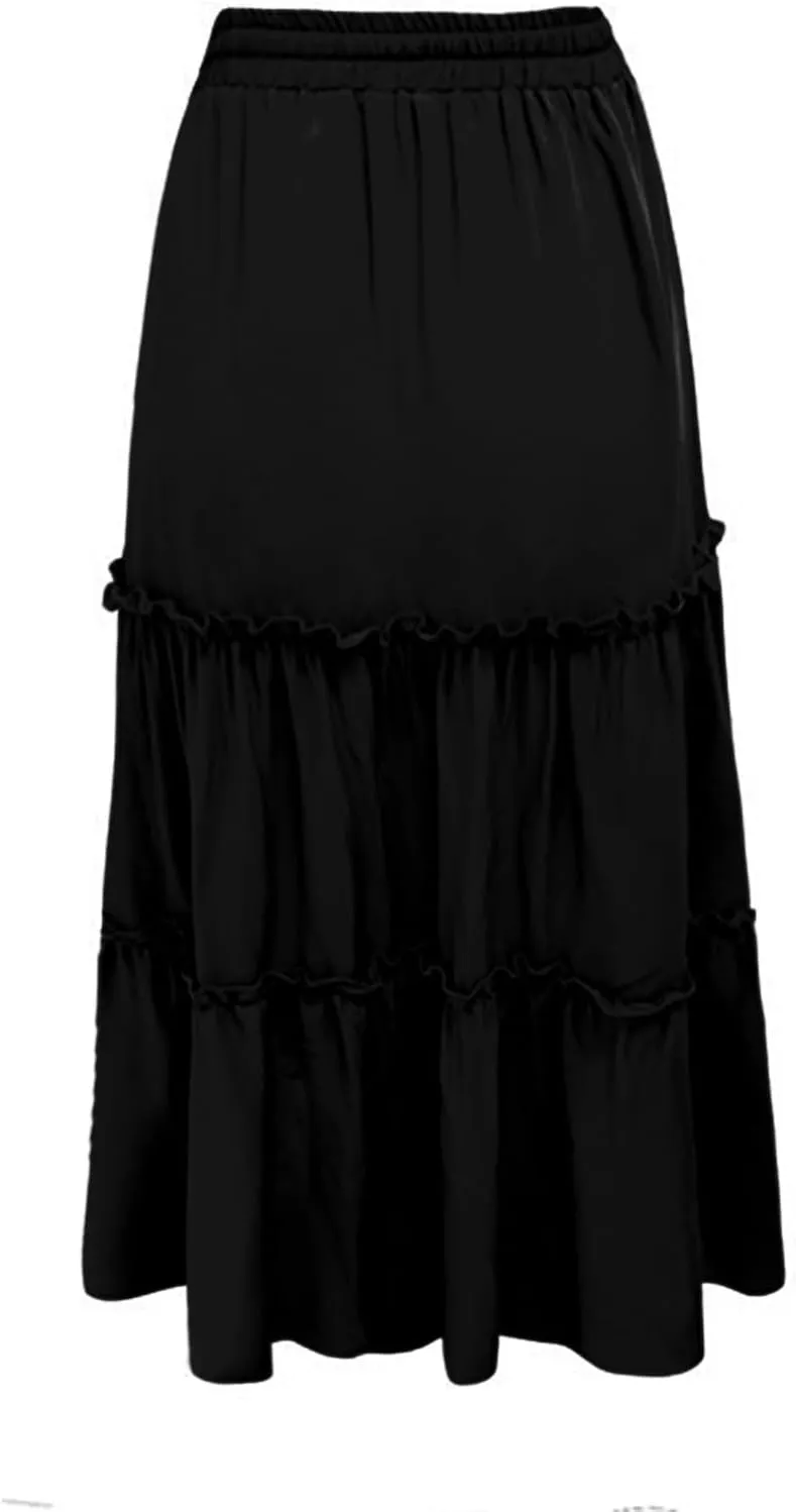 Long Skirts for Women Summer Boho Flowy Swing Ruffle Tiered A-Line Drawstring Elastic Waist Pleated Midi Skirt Dress