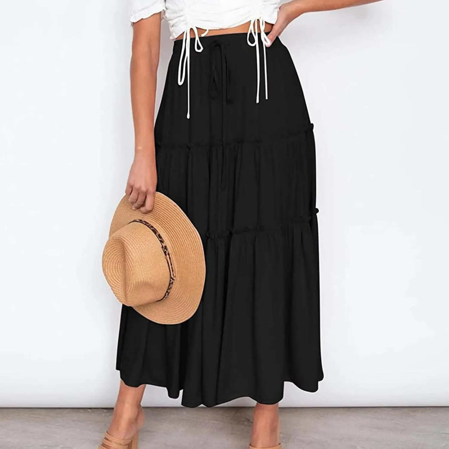 Long Skirts for Women Summer Boho Flowy Swing Ruffle Tiered A-Line Drawstring Elastic Waist Pleated Midi Skirt Dress