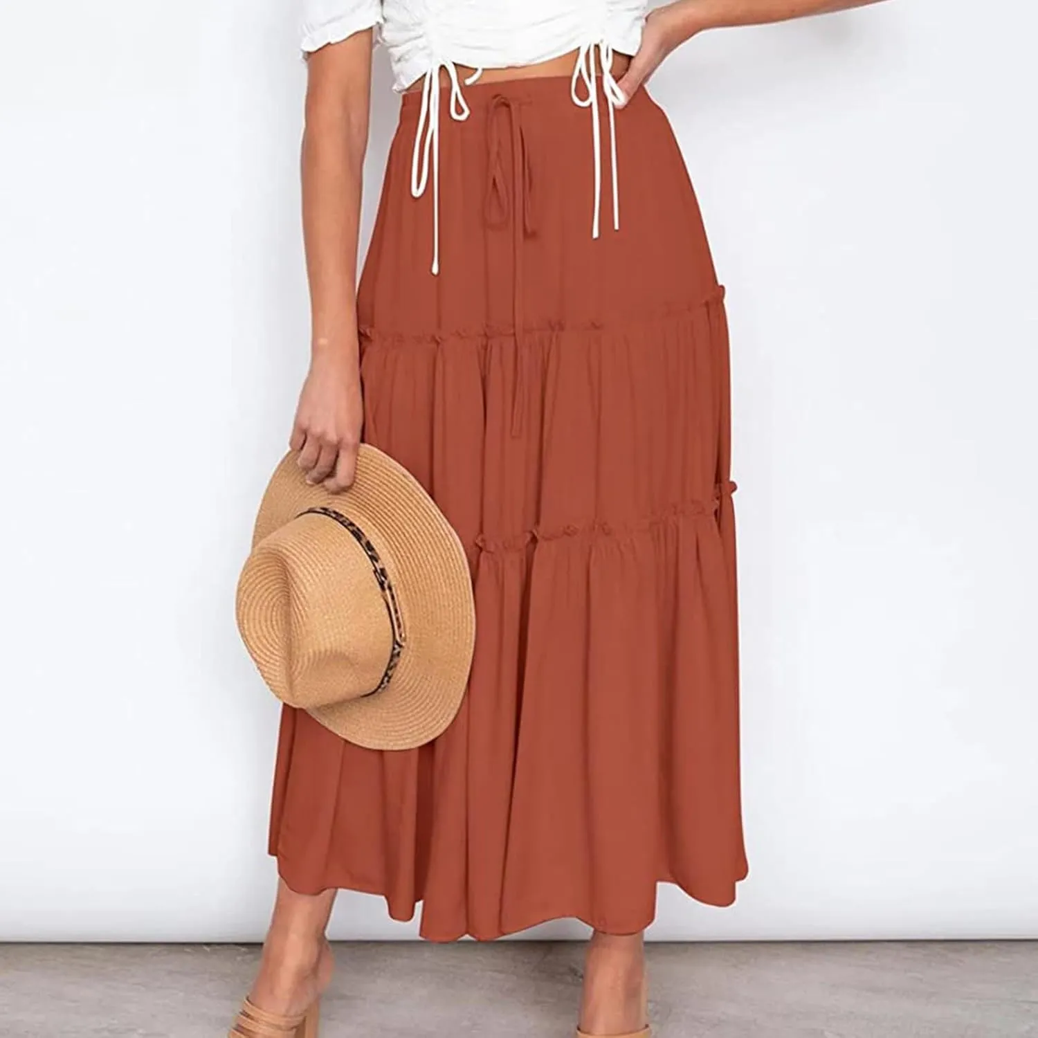 Long Skirts for Women Summer Boho Flowy Swing Ruffle Tiered A-Line Drawstring Elastic Waist Pleated Midi Skirt Dress