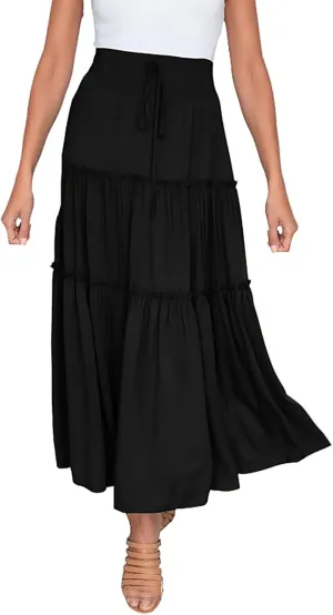 Long Skirts for Women Summer Boho Flowy Swing Ruffle Tiered A-Line Drawstring Elastic Waist Pleated Midi Skirt Dress