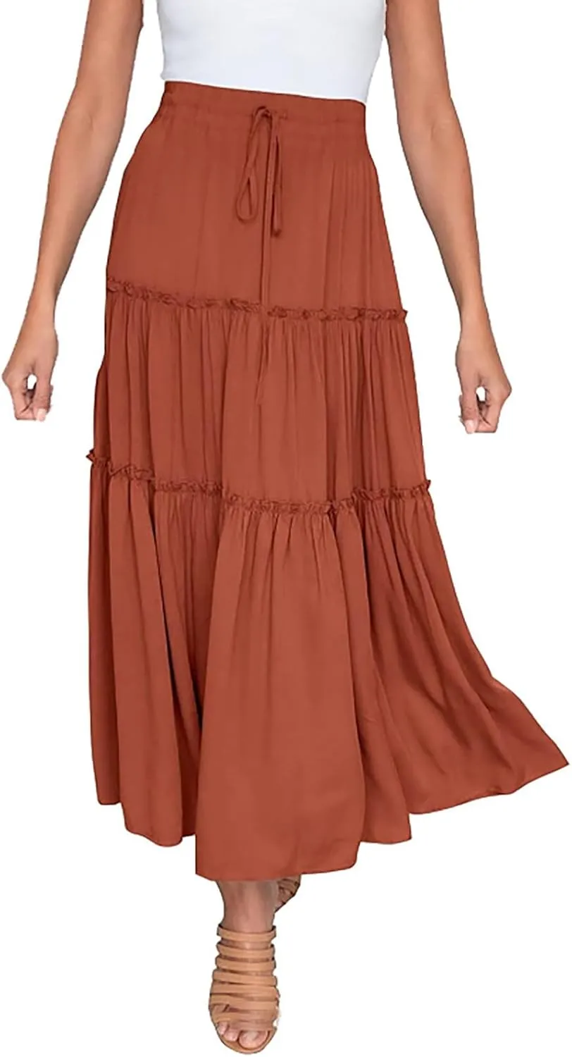 Long Skirts for Women Summer Boho Flowy Swing Ruffle Tiered A-Line Drawstring Elastic Waist Pleated Midi Skirt Dress