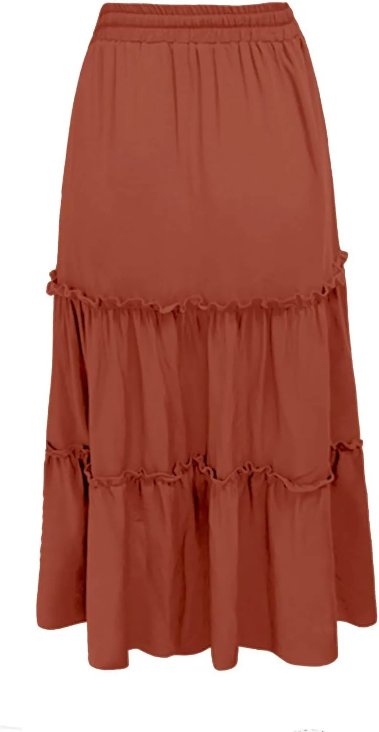 Long Skirts for Women Summer Boho Flowy Swing Ruffle Tiered A-Line Drawstring Elastic Waist Pleated Midi Skirt Dress