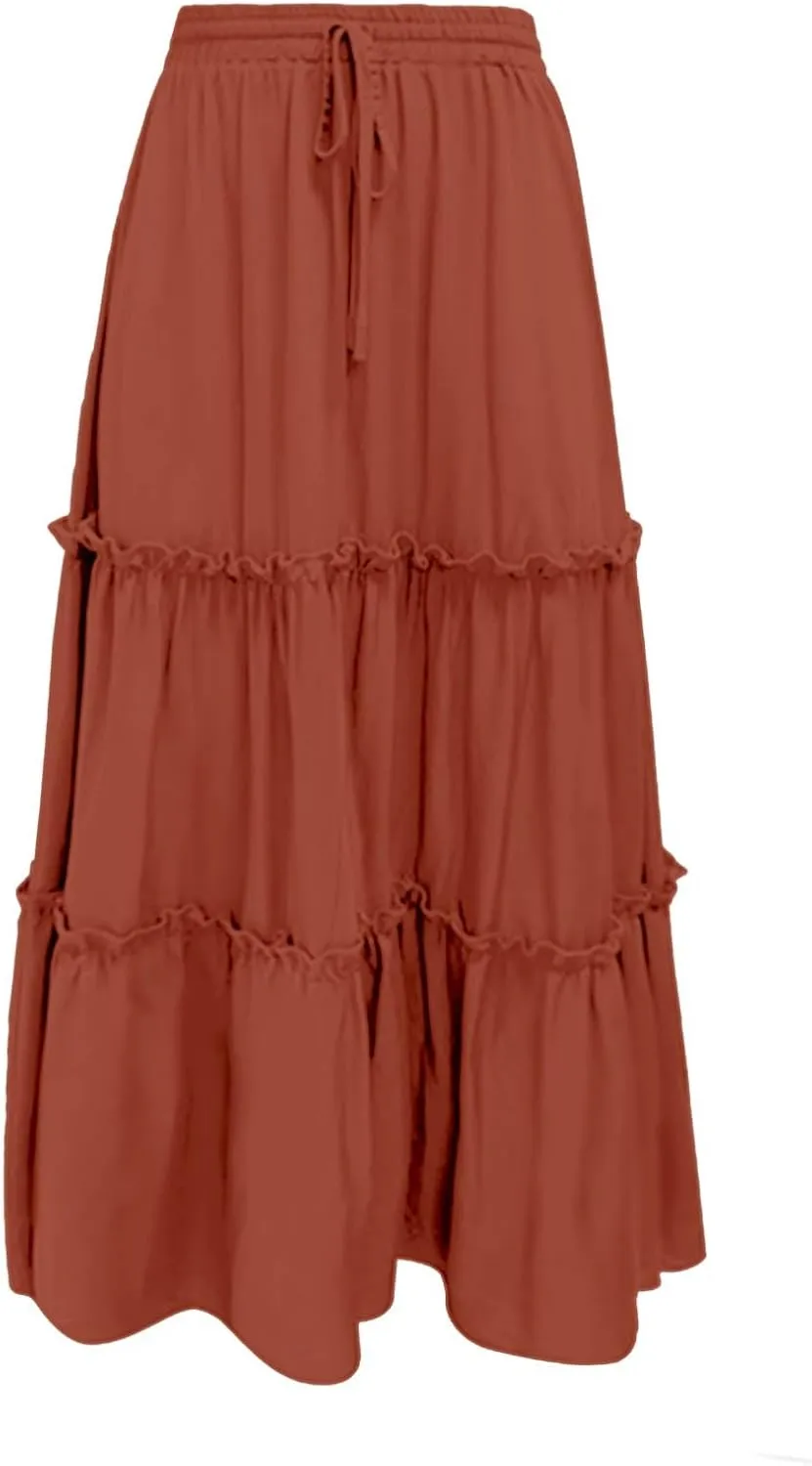 Long Skirts for Women Summer Boho Flowy Swing Ruffle Tiered A-Line Drawstring Elastic Waist Pleated Midi Skirt Dress